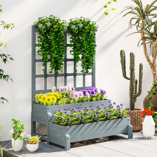 2-Tier Raised Garden Bed with Trellis, Wooden Elevated Planter Box Outdoor Raised Planter for Climbing Plants, Fruits, Vegetables, Flowers, Grey
