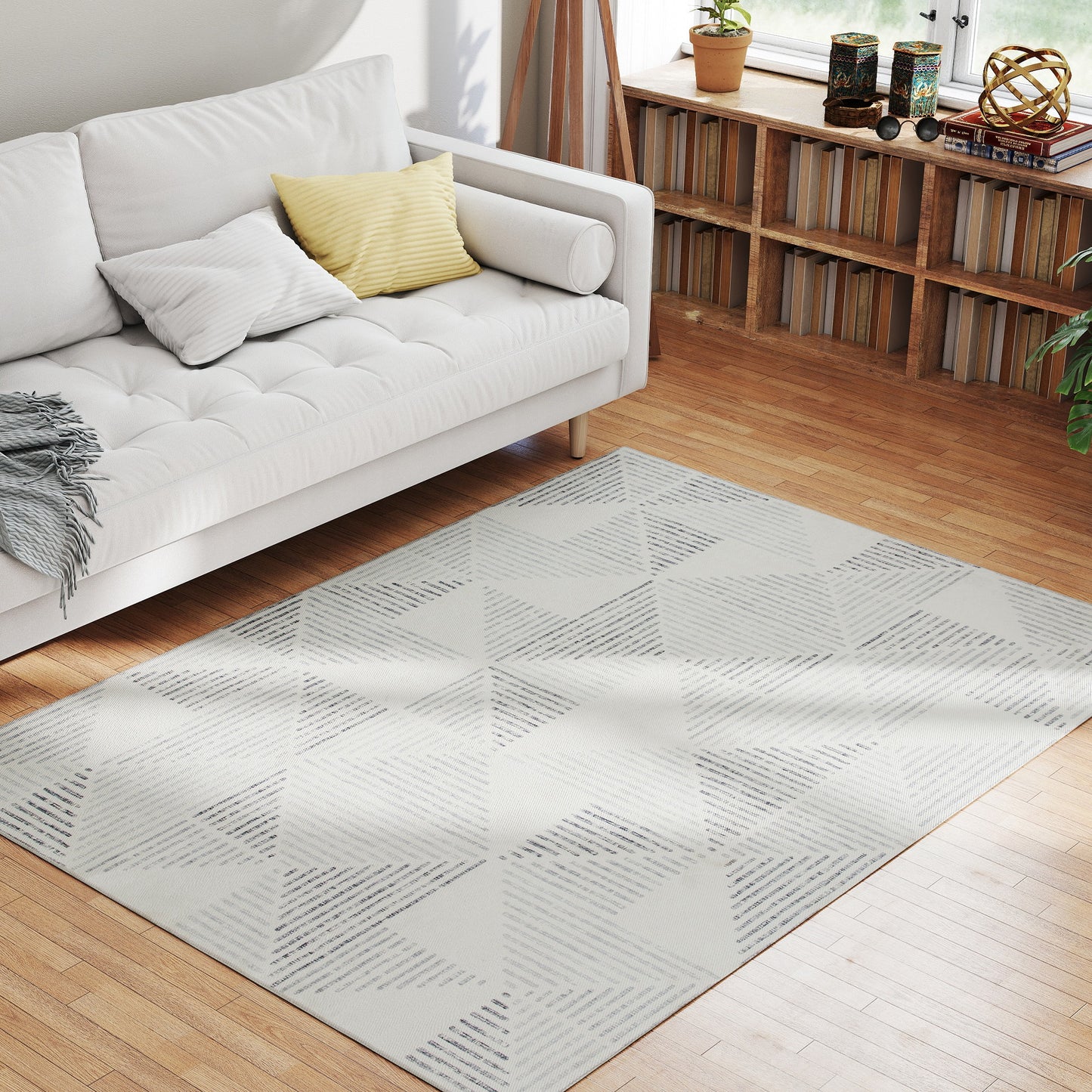 Modern Geometric Area Rug | Machine Washable | 100% Polyester Plush | TPR Non-Slip Backing | Foldable | 170x120cm | Grey | Living Room Bedroom Dining Room Home Office