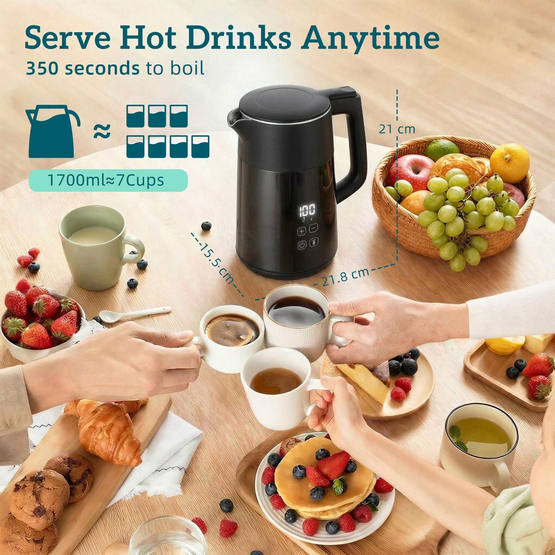 1.7L Electric Kettle | 3000W | 7 Temperature Settings 40-100°C | 2hr Keep-Warm | 304 Stainless Steel PTFE-Free | Boil-Dry Protection | Auto Shut-Off | 360° Swivel Base | Black