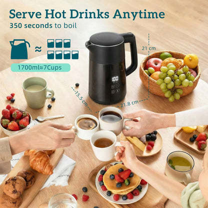 1.7L Electric Kettle | 3000W | 7 Temperature Settings 40-100°C | 2hr Keep-Warm | 304 Stainless Steel PTFE-Free | Boil-Dry Protection | Auto Shut-Off | 360° Swivel Base | Black