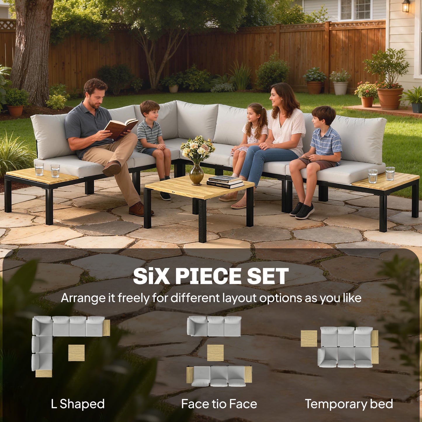 6-Piece Modular Corner Sofa Set | Integrated Side Tables | 15cm Back Cushions | Zip Covers | Light Grey