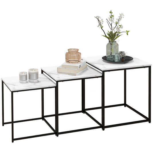 Nesting Tables Set of 3, Side End Table with Faux Marble Effect Top and Steel Legs for Living Room, Bedroom, White