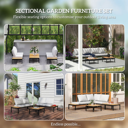Outsunny Four-Piece Garden Corner Sofa Set with 2 Loveseats and 2 Coffee Tables - Teak