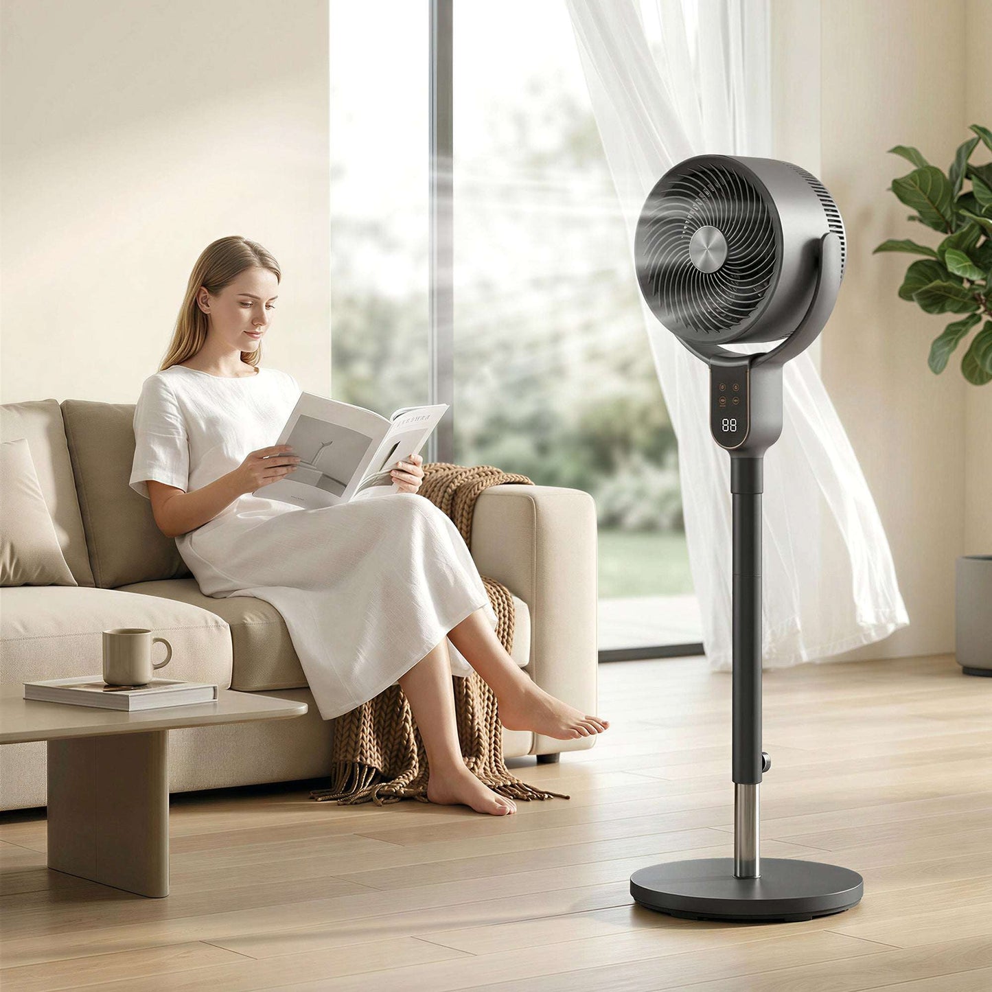 Pedestal Standing Fan | Turbo Mode | 20dB Sleep Mode | 8 Speeds | 16m³/min Airflow | 90° Oscillation | Aromatherapy Pad | Detachable Washable Grill | 5m Remote | 12H Timer | 50W | 83-107cm | Grey
