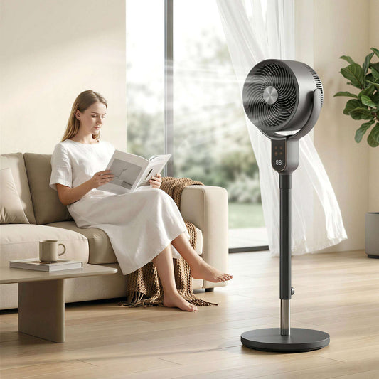 Pedestal Standing Fan | Turbo Mode | 20dB Sleep Mode | 8 Speeds | 16m³/min Airflow | 90° Oscillation | Aromatherapy Pad | Detachable Washable Grill | 5m Remote | 12H Timer | 50W | 83-107cm | Grey