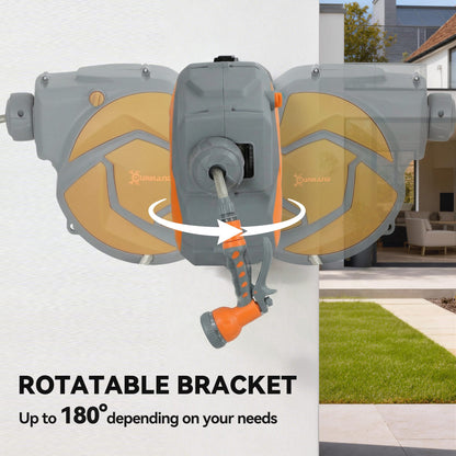 10m Wall Mounted Auto Rewind Garden Hose Reel | 7 Pattern Spray Nozzle | 180° Swivel Bracket | 10 Bar | Orange