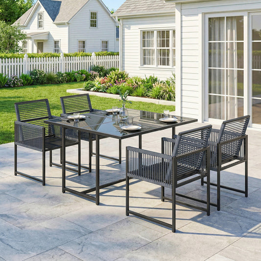 5-Piece Garden Dining Set | Tempered Glass Table | Foldable Chairs | Texteline | Dark Grey