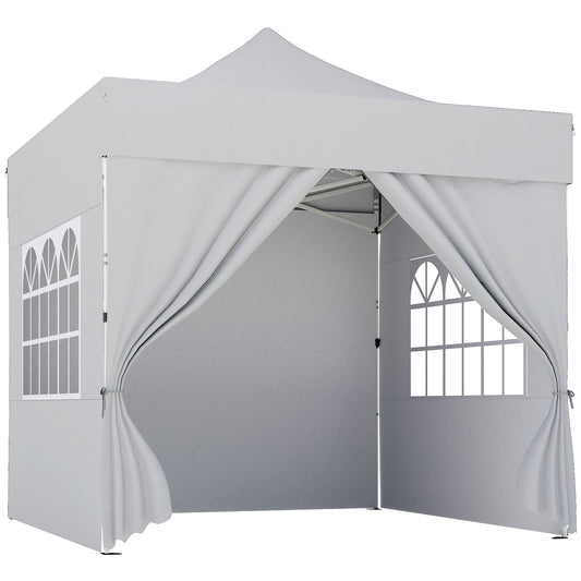 3x3m Heavy-Duty Peak-Top Pop-Up Gazebo | 420D UPF50+ Oxford Fabric | 4 Removable Sidewalls | Zipper Door & Windows | 3-Height Adjustment | 8 Drainage Holes | 4 Sandbags, 4 Guy Ropes & 8 Stakes | Wheeled Carry Bag | Silver Grey