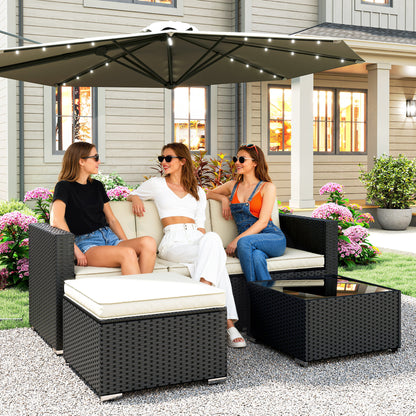 3-Piece Rattan Garden Sofa Set | 3-Seat Sofa | Ottoman | Tempered Glass Table | Zip Cushions | 360kg | Black