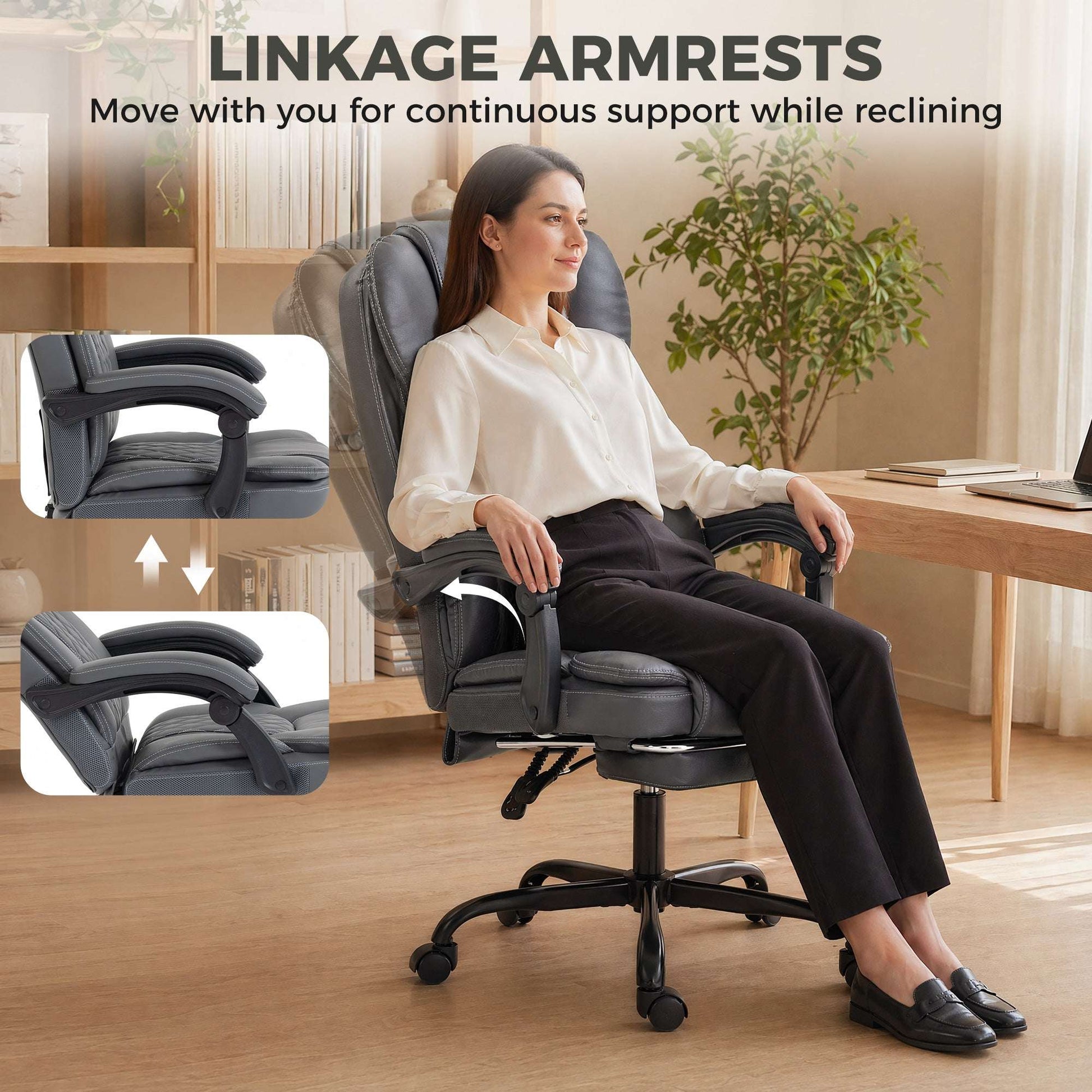 High-Back Executive Reclining Office Chair | 90-135° Recline | Linkage Armrests | Retractable Footrest | Pocket Spring & Foam Seat | PU Leather | EN1335 & BS5852 | 120kg | Grey