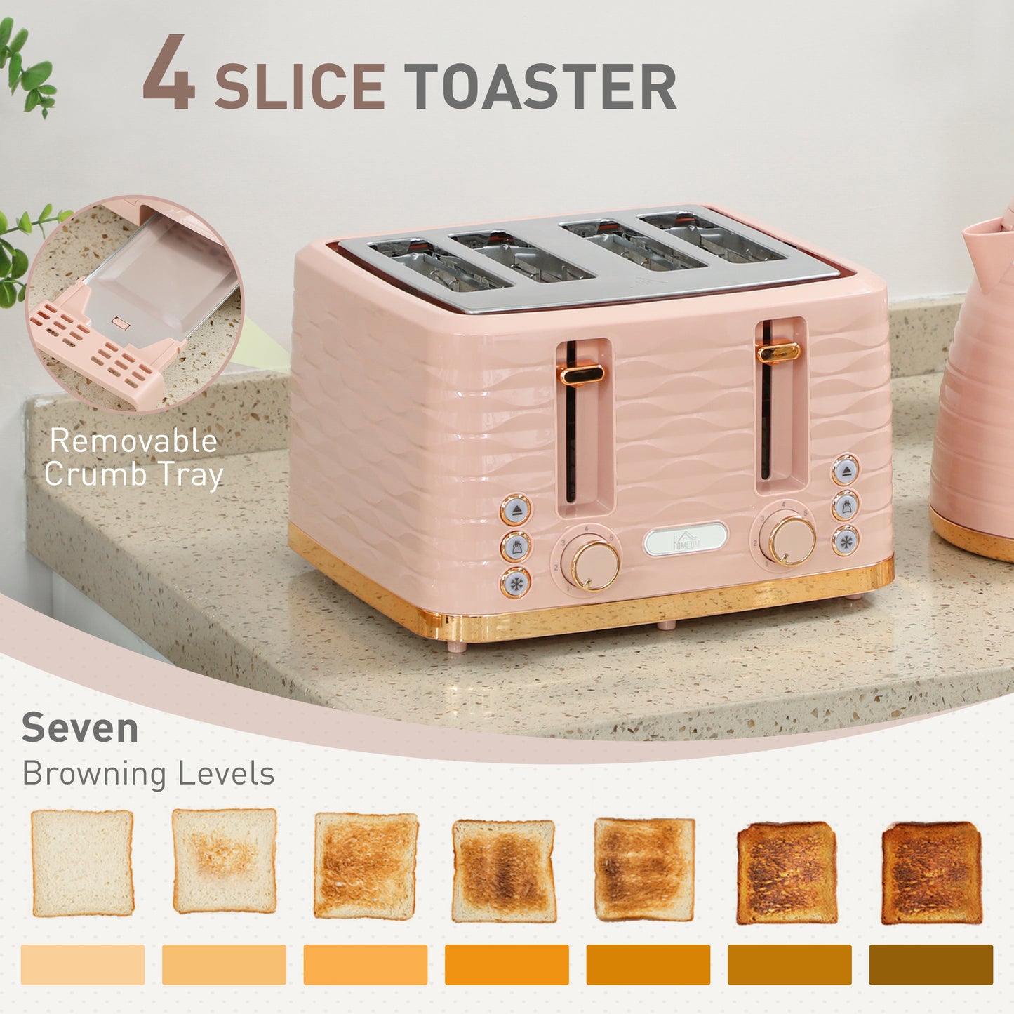 3000W 1.7L Kettle & 4 Slice Toaster, Kettle and Toaster Set with 7 Browning Controls and Crumb Tray, Light Pink / Blue