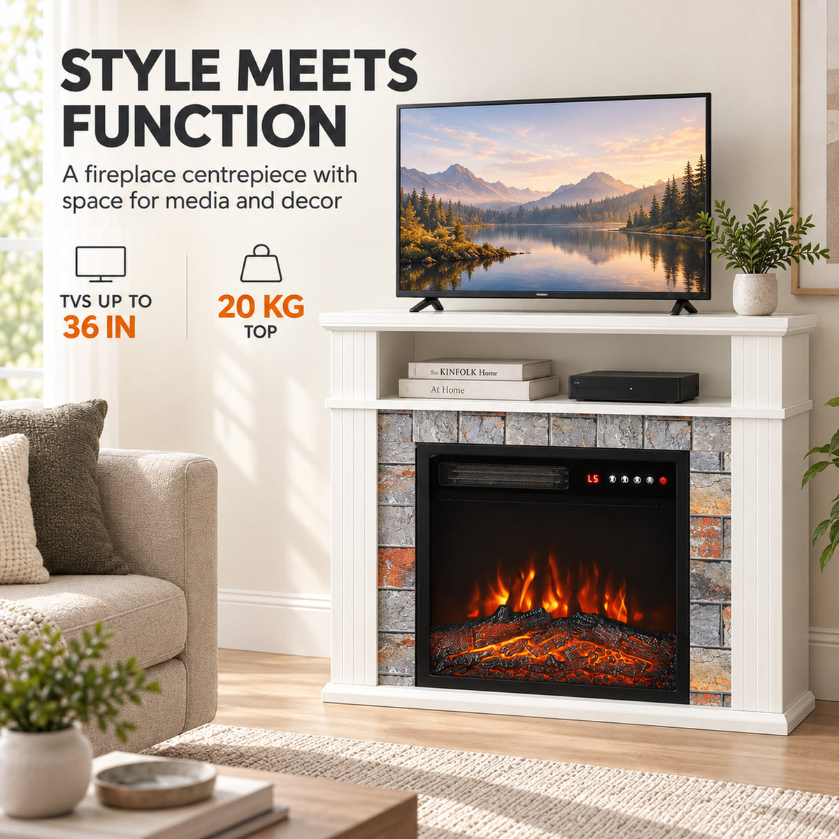 Electric Fireplace Suite | 1800W White Fire & Surround | Open Storage Shelf | Adjustable LED Flames | Remote & 8-Hour Timer