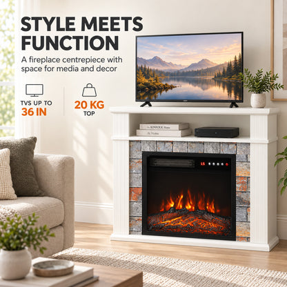 Electric Fireplace Suite | 1800W White Fire & Surround | Open Storage Shelf | Adjustable LED Flames | Remote & 8-Hour Timer