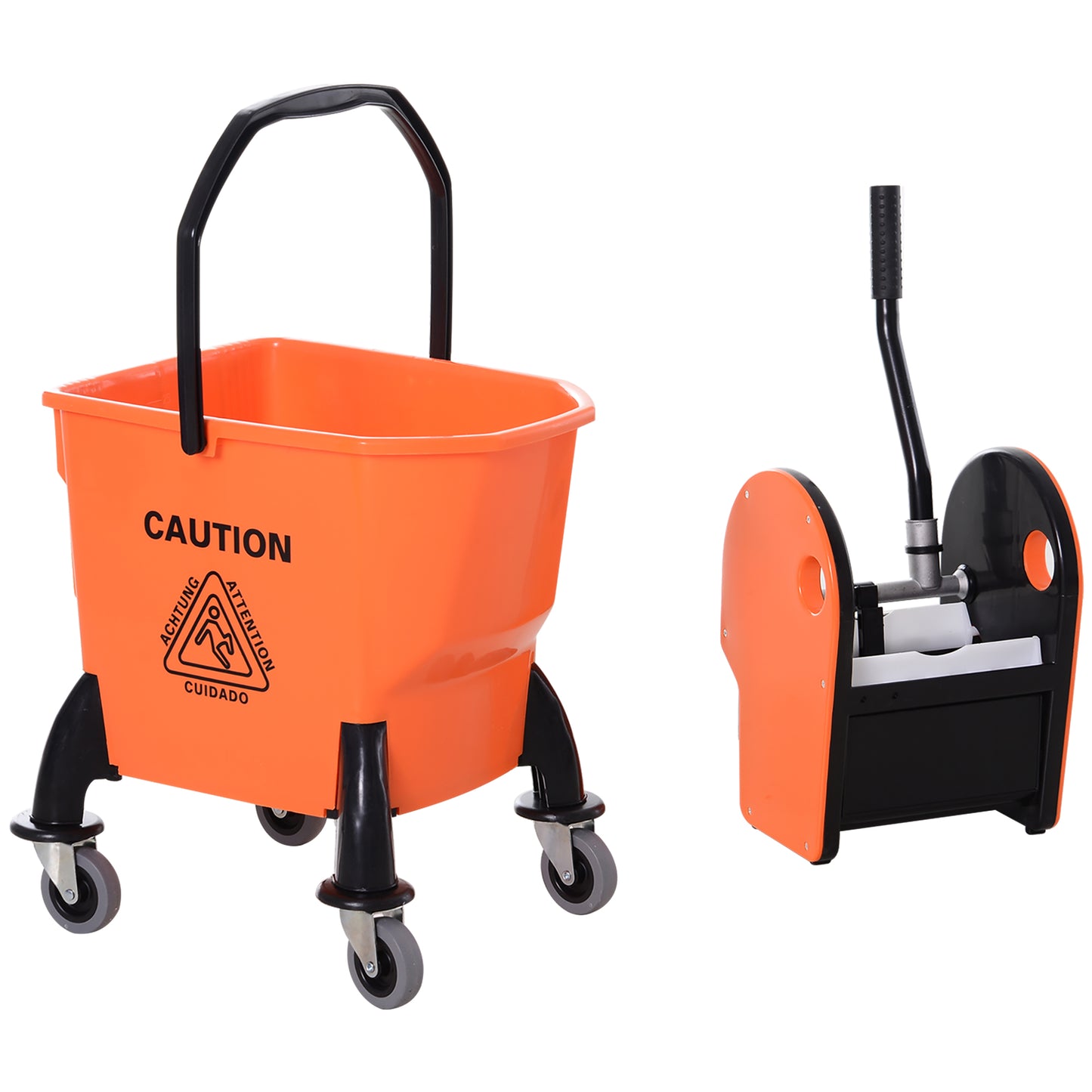 26L Mop Bucket with Wringer, Mop Bucket on Wheels with Carry Handle, Mop Holder, Plastic Body for Household, Orange