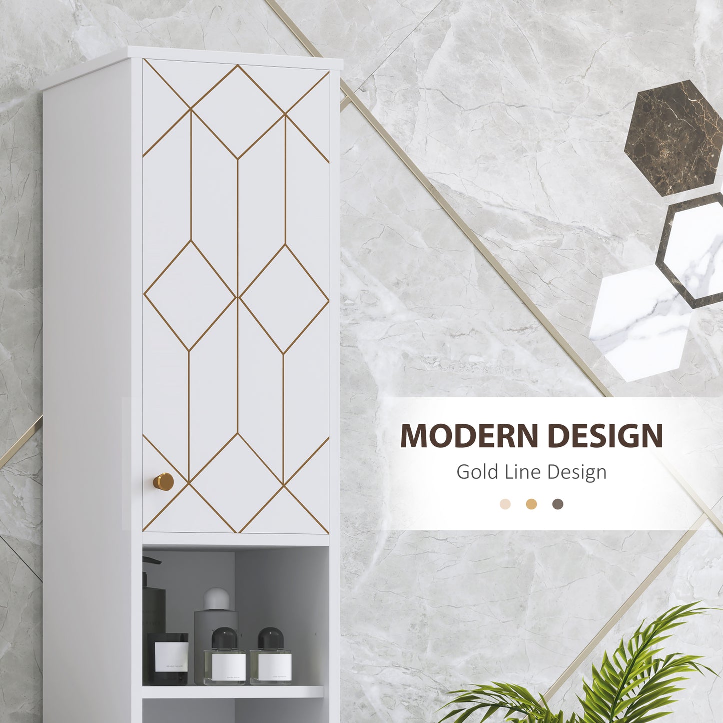 Tall Bathroom Storage Cabinet with Doors | Slim Freestanding | Adjustable Shelves | Gold Tone Handles | White