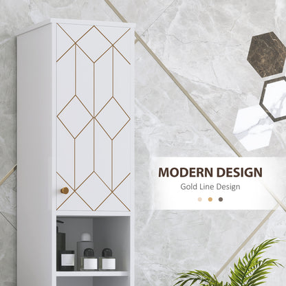 Tall Bathroom Storage Cabinet with Doors | Slim Freestanding | Adjustable Shelves | Gold Tone Handles | White