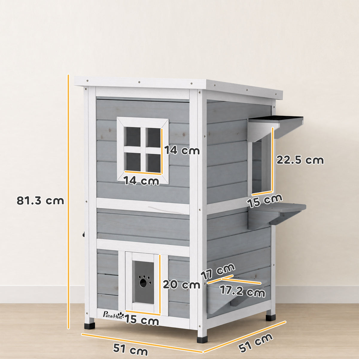 2-Floor Wooden Outdoor Cat House | Fir Wood | Water-Resistant Paint | Elevated Base | Jump Platforms | 3 Doors & Windows | Openable Roof | Litter Tray Space | Max 5kg Per Cat | 51x51x81.3cm | Grey