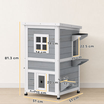 2-Floor Wooden Outdoor Cat House | Fir Wood | Water-Resistant Paint | Elevated Base | Jump Platforms | 3 Doors & Windows | Openable Roof | Litter Tray Space | Max 5kg Per Cat | 51x51x81.3cm | Grey