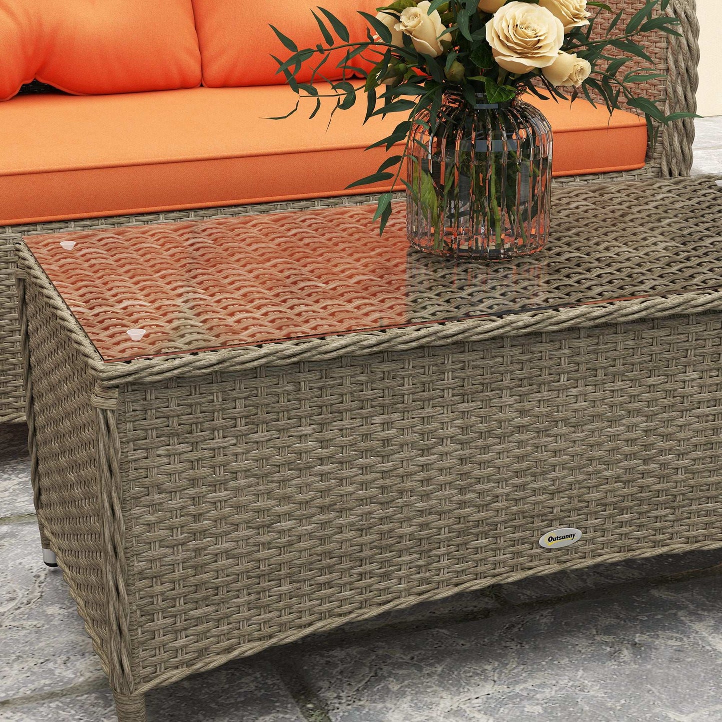 Outsunny Four-Piece Rattan Sofa Set, with Glass-Top Table - Orange