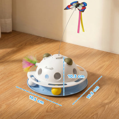 4-in-1 Interactive Cat Toy | Spinning Butterfly | Shooting Feathers | Catnip Balls | Auto Standby | USB & Battery