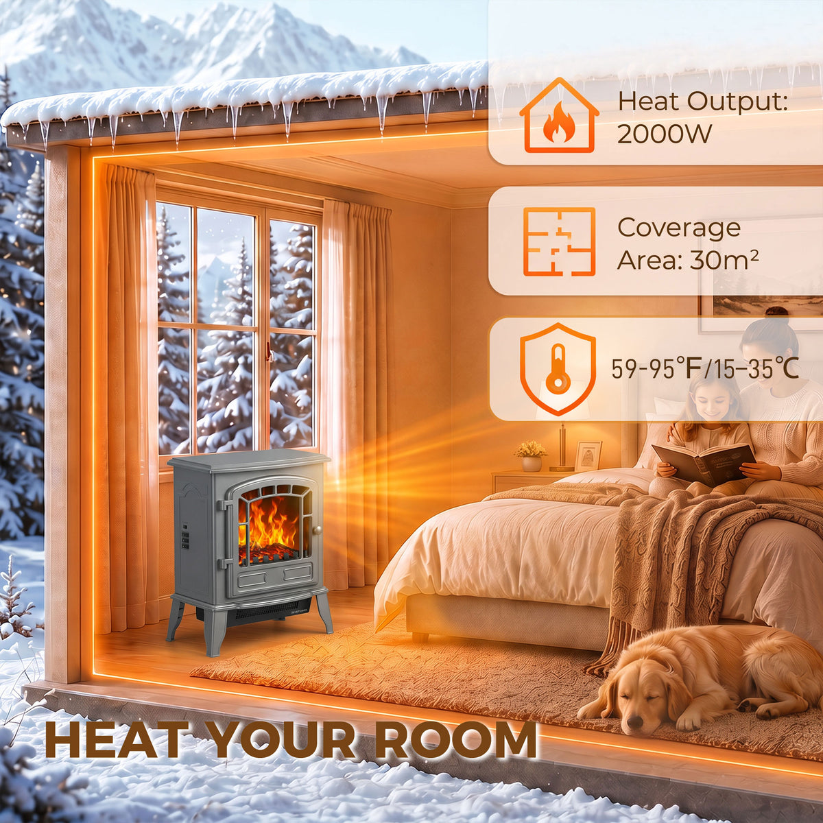 Freestanding Electric Fireplace Stove | 1000W/2000W | LED Flame Effect | Adjustable Thermostat | Grey