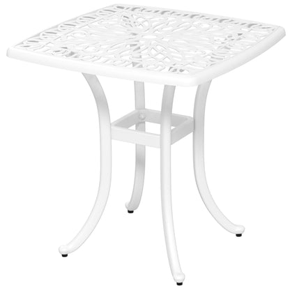 Cast Aluminium Garden Bistro Side Table | 53x53x53cm | Floral Cut-Out Design | Umbrella Hole 3.5cm | Curved Legs | Adjustable Feet | 50kg | White