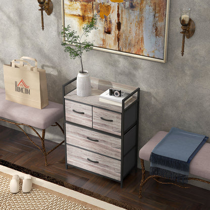 Retro Style Rustic Chest of Four Fabric Drawers - Grey Wood Effect