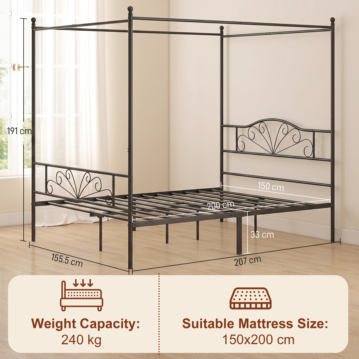 King Size Four-Poster Canopy Bed Frame | Headboard & Footboard | EVA-Padded Centre Bar | 12 Slats | 6 Legs | 29cm Under-Bed | 240kg | Mosquito Net Posts | 155.5x207x191cm | Black / White