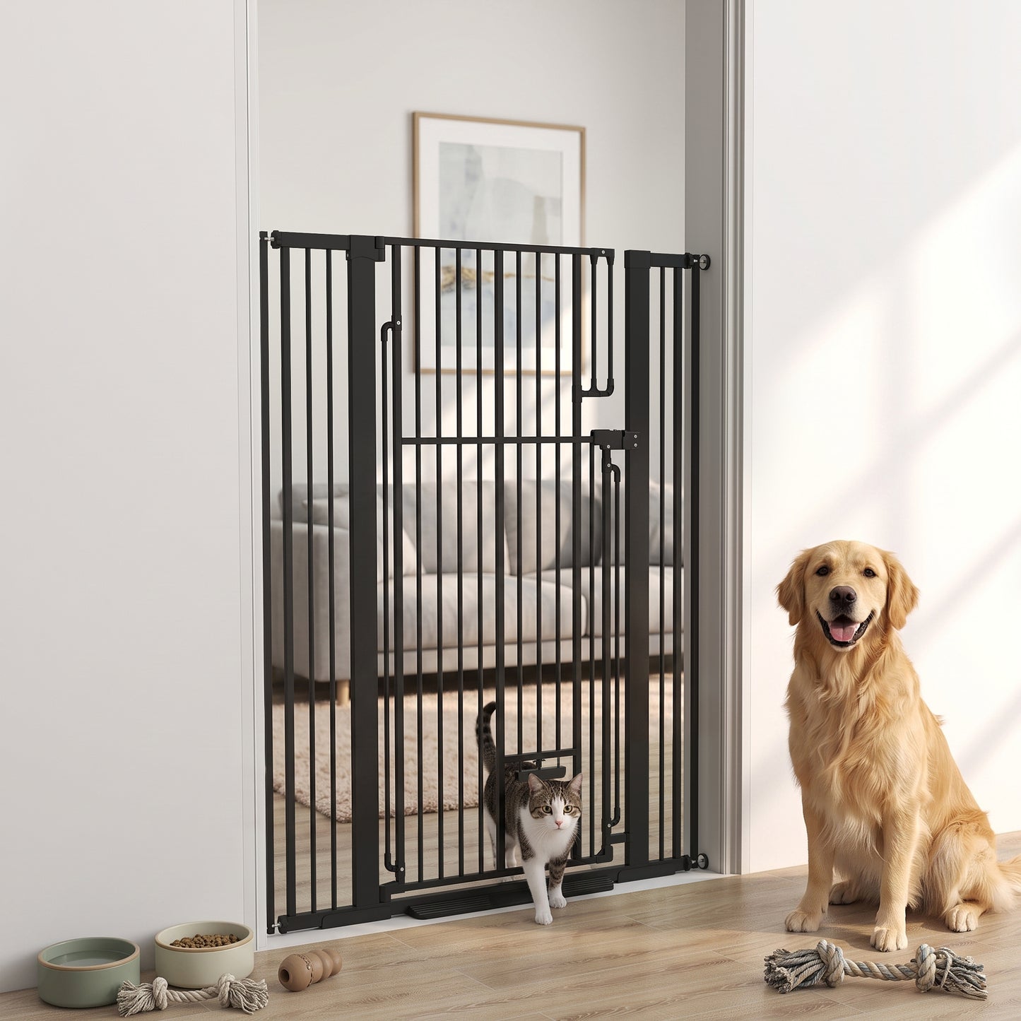 135cm Extra Tall Dog Gate with Cat Door | Pressure Mounted | Fits 81–108cm | No Drilling | Lift-Lock | Steel | Black
