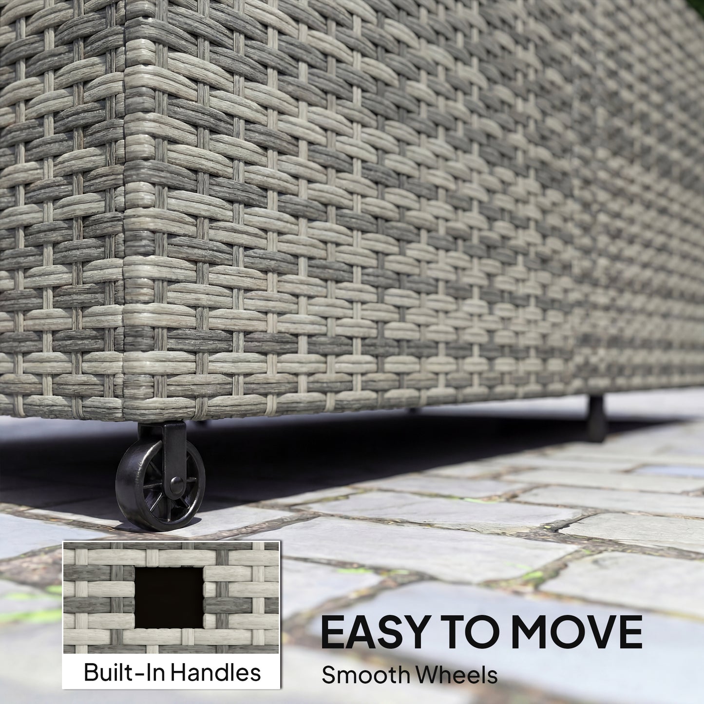 650L Garden Storage Box | Rattan | Waterproof Zipped Liner | Gas-Assisted Lid | 2 Wheels | UV Resistant | 150x75x74cm | 100kg | Mixed Grey