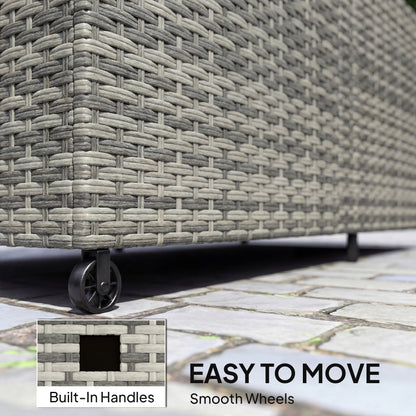 650L Garden Storage Box | Rattan | Waterproof Zipped Liner | Gas-Assisted Lid | 2 Wheels | UV Resistant | 150x75x74cm | 100kg | Mixed Grey