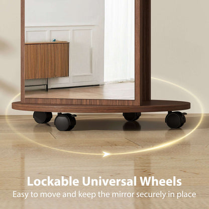 2-in-1 Full-Length Floor Mirror with Hidden Back Storage Shelves | Coat Rack & Hooks | 4 Lockable Wheels | Shatter-Resistant Tempered Glass | 50x50x167cm | Brown Wood Effect