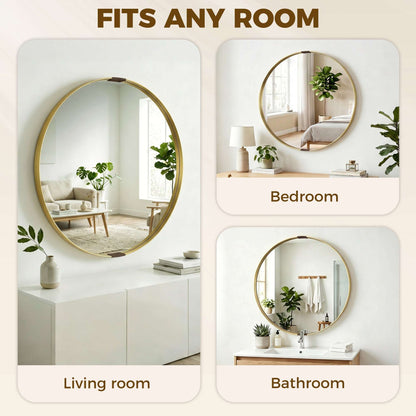 Round Wall Mirror | Shatterproof Tempered Glass | Anodised Aluminium Alloy Frame | 4cm Deep 3D Effect | 61cm Diameter | No Assembly | Gold Tone