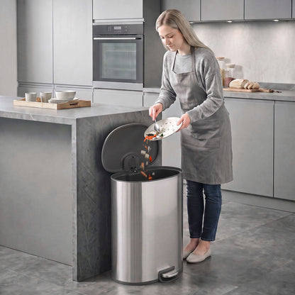 50L Kitchen Pedal Bin | Brushed Stainless Steel Silver Tone | Soft-Close & Stay-Open Lid | Removable Bucket, Bag Retainer & Deodoriser Compartment