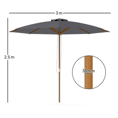 Outsunny 3(m) Wooden Patio Parasol Umbrella - Dark Grey