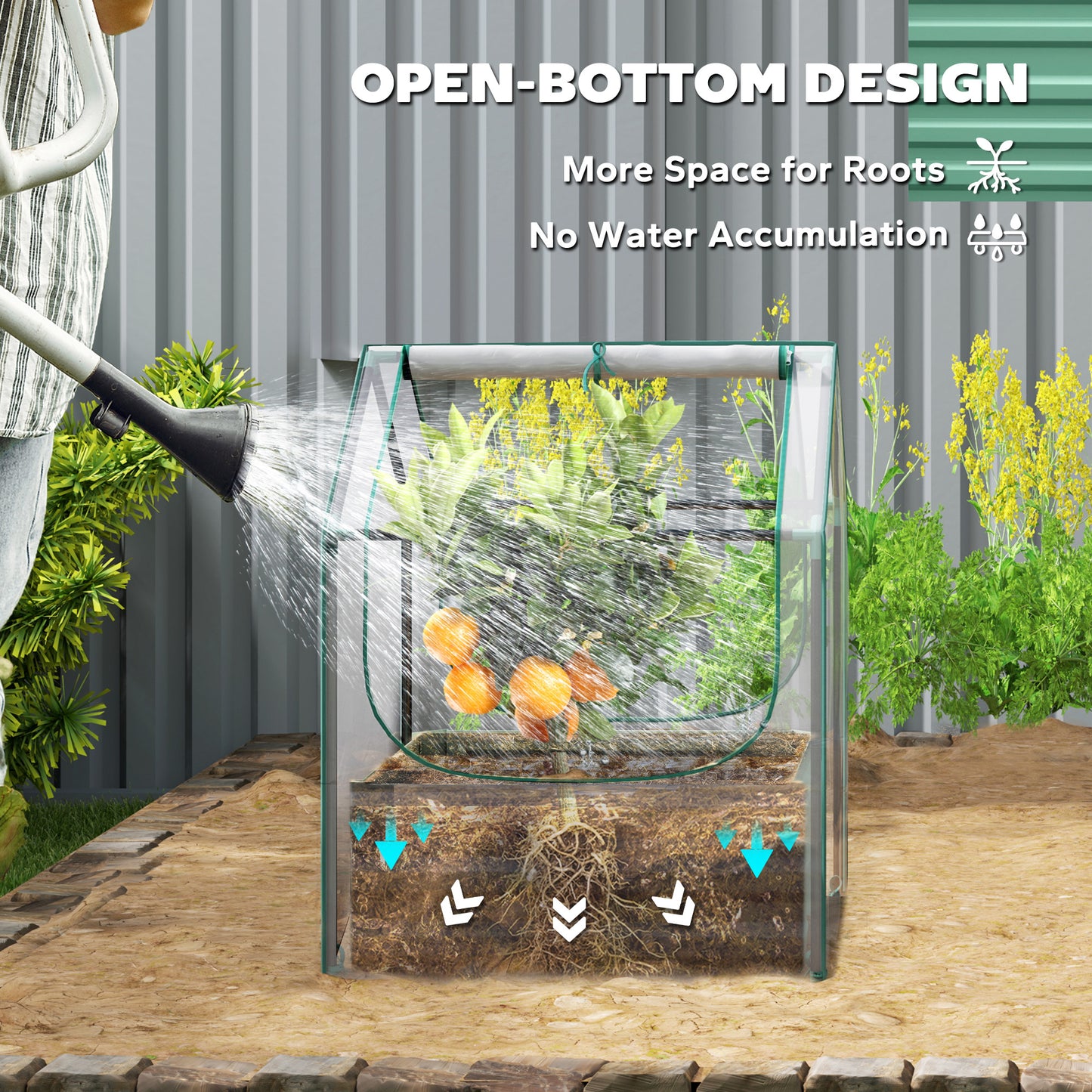 2-in-1 Raised Garden Bed with Mini Greenhouse Cover | Galvanised Steel Base | Open Bottom | 2 Roll-Up Windows | 10cm Soil Anchor Edge | 61x61x29.5cm Bed | 70x70x90cm Cover | Green & Clear