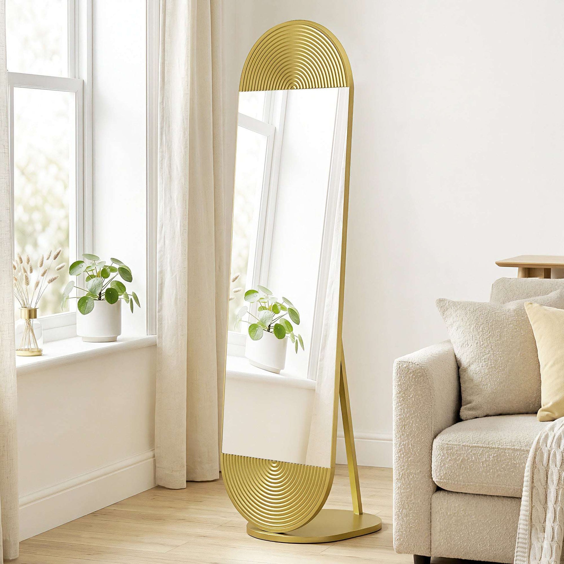 Wavy Full Length Mirror | 50x161.5cm | Gold Tone | Metal Frame & Base | Shatter-Proof Glass | Free Standing