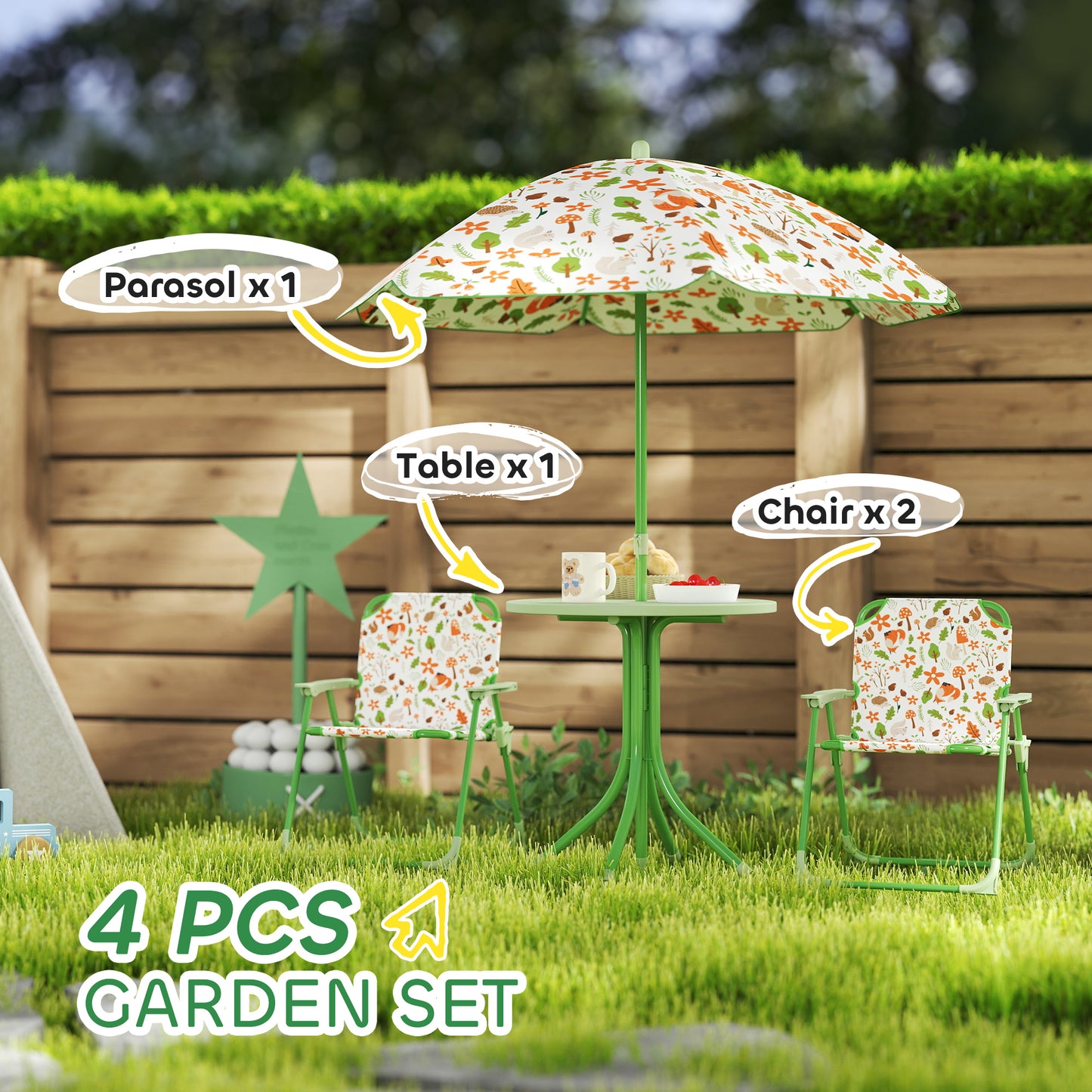 AIYAPLAY 4 Pieces Kids Garden Table and Chair Set with Adjustable Parasol, Folding Chairs, Table, Fox Pattern, Green / Pink