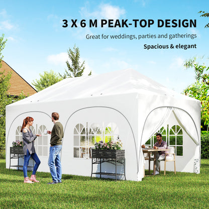 3x6m Peak-Top Pop-Up Party Gazebo | 15-20 People | UPF30+ 210D Oxford Fabric | 6 Sidewalls | 4 Windows & 2 Zipper Doors | 3 Height Settings | 12 Drainage Holes | Stakes, Ropes & Sandbags | Carry Bag | Light Grey & White