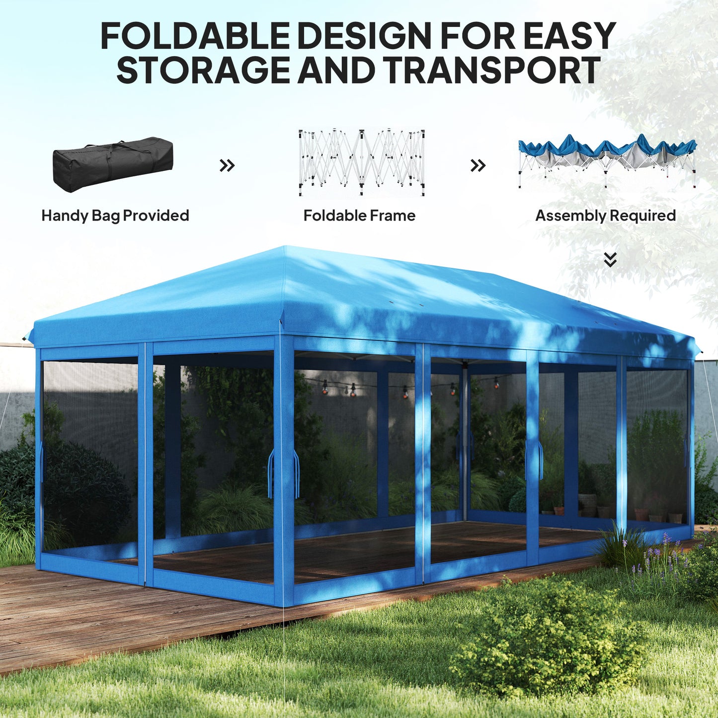Outsunny 3 x 6m Pop Up Gazebo, Outdoor Canopy Shelter, Marquee Party Wedding Tent with 6 Mesh Walls and Carry Bag, Blue / Black