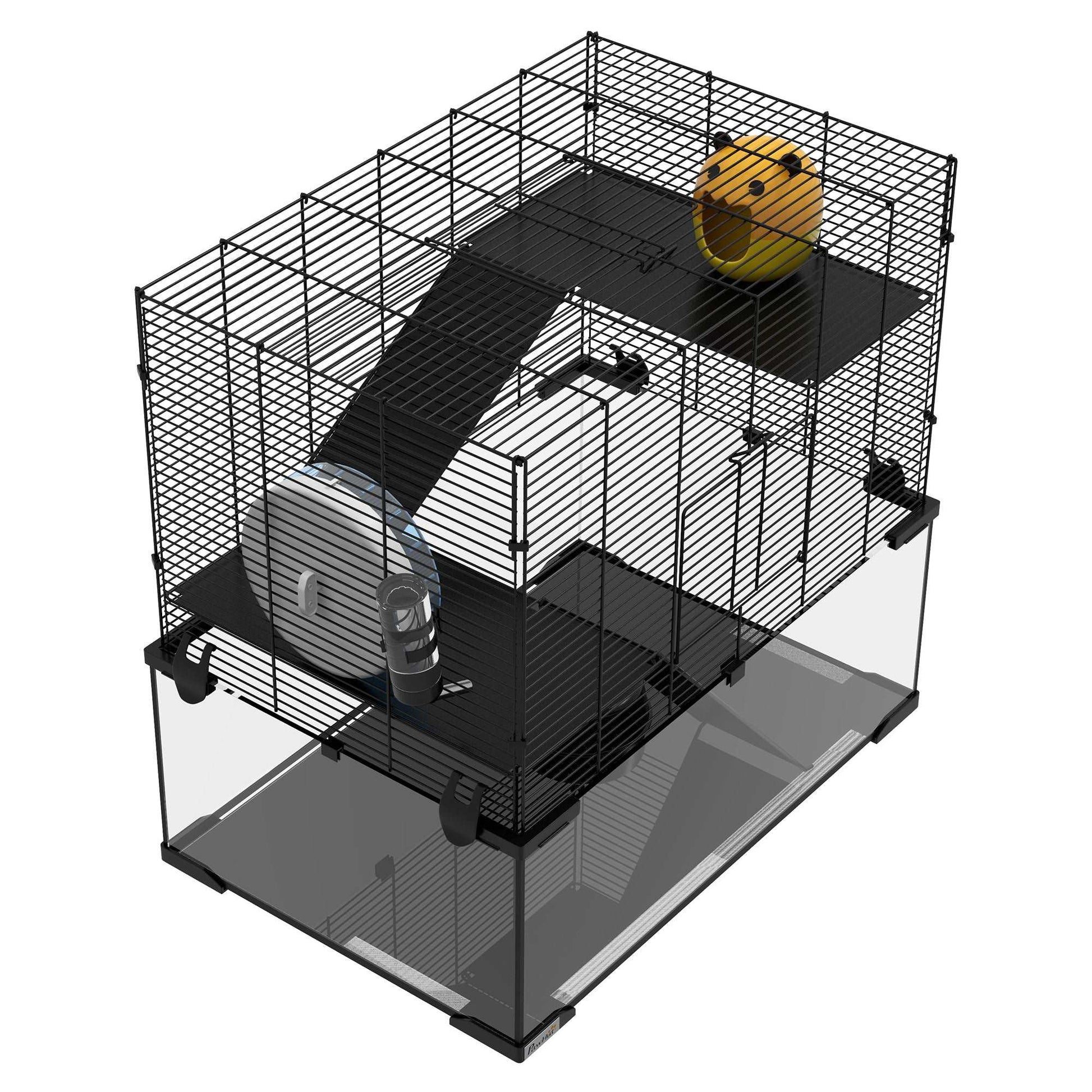3 Tiers Hamster Cage, Gerbil Cage W/ Deep Glass Bottom, Non-Slip Ramps, Platforms, Hut Exercise Wheels Water Bottle for Syrian Dwarf Hamster