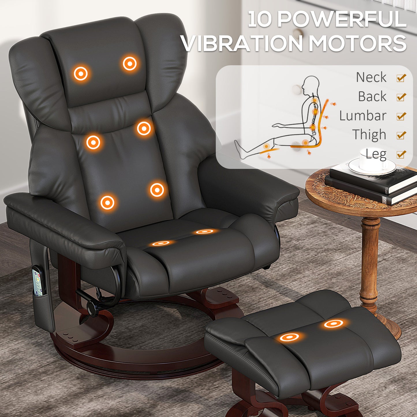 Massage Recliner Chair with Footstool, Upholstered Reclining Armchair with Adjustable Backrest, Steel Frame and Wood Base, Swivel Chair