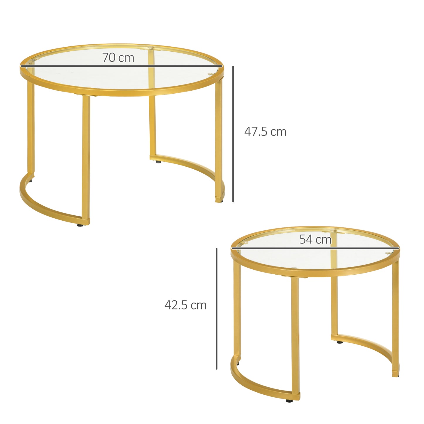 Coffee Table Set of 2, Modern Nest of Tables with Tempered Glass Top, Steel Frame for Living Room, Gold Tone