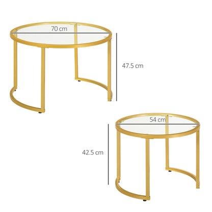 Coffee Table Set of 2, Modern Nest of Tables with Tempered Glass Top, Steel Frame for Living Room, Gold Tone
