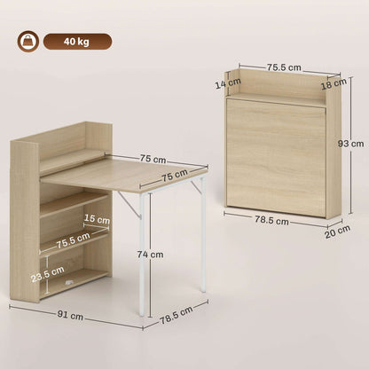 Kitchen Table, Folding Dining Table, with 4-Tier Shelves, Modern Drop-Leaf Table, Oak Wood Effect
