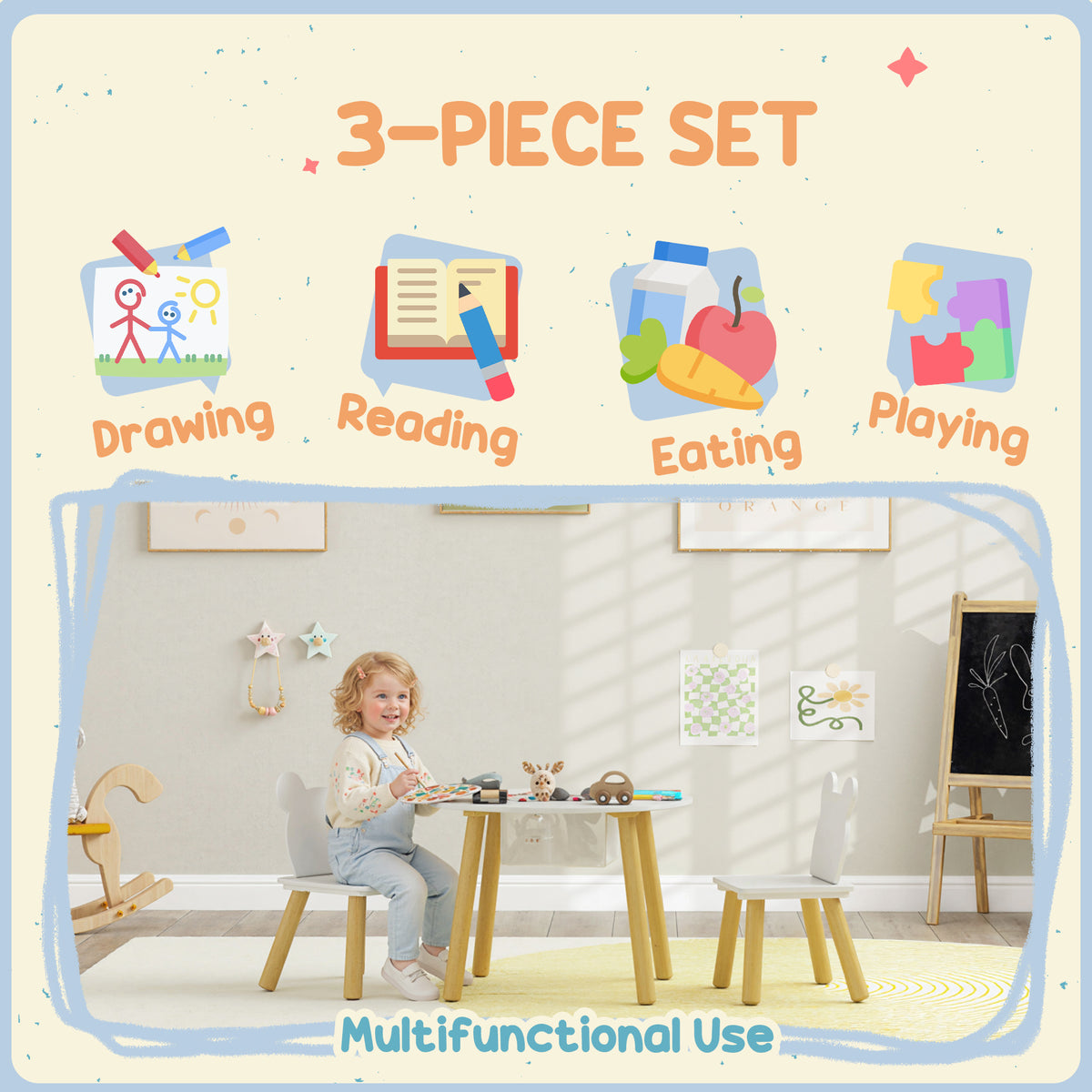 Kids Activity Table & 2 Chair Set | 3-Piece | Bear Backrest | Centre Mesh Storage | Arts & Crafts | Ages 3-6 | White