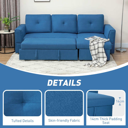3 Seater Sofa Bed, L-Shaped Corner Pull Out Sofa with Storage, Convertible Click Clack Settee Sectional Sleeper Futon - Dark Blue