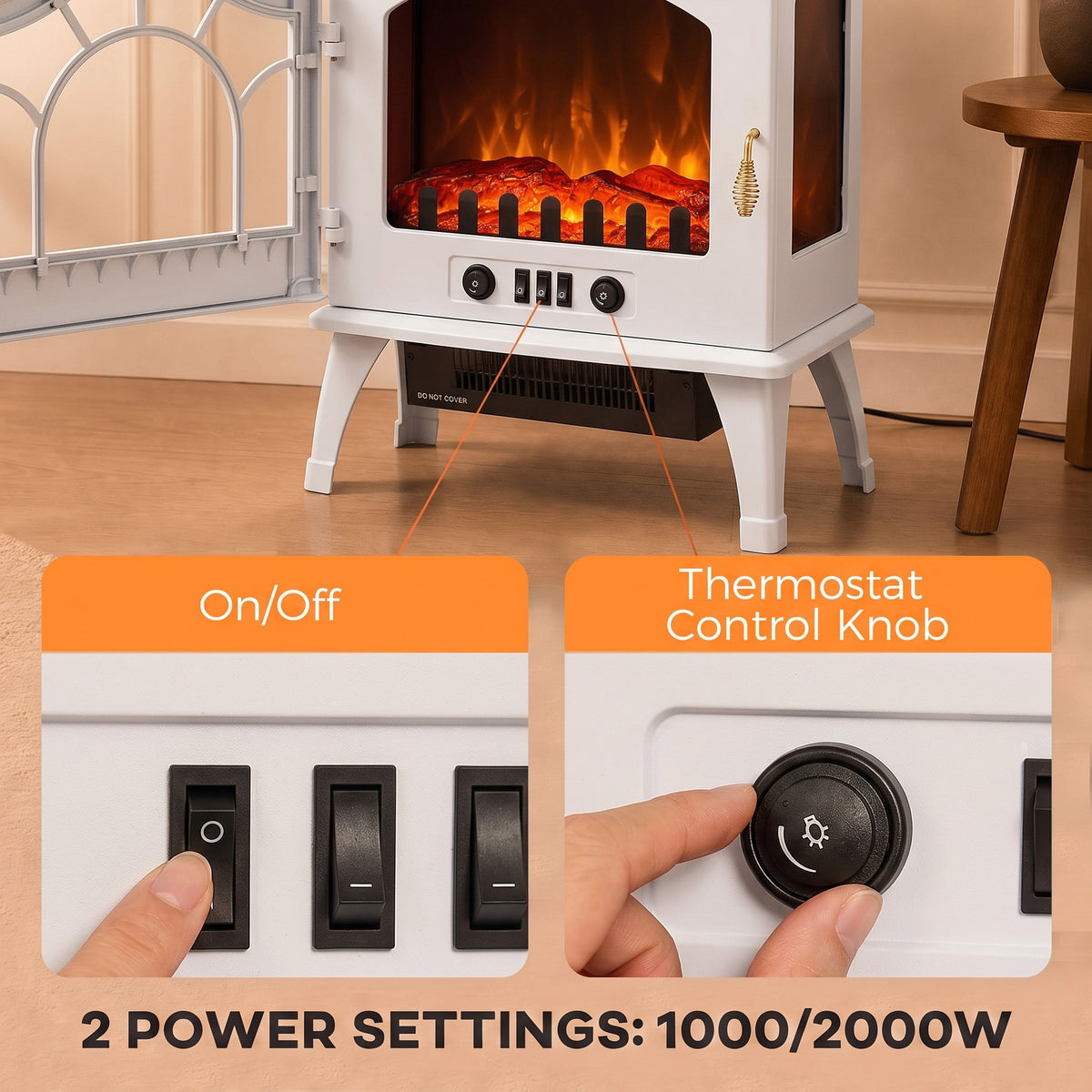 White Electric Fireplace Stove | 3-Sided Glass Flame Effect Fan Heater, 1000W/2000W, 15–30 m² Coverage | Freestanding
