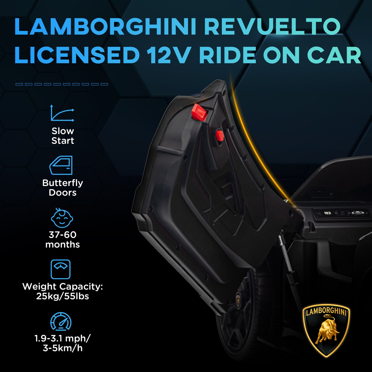 Lamborghini Revuelto Licensed 12V Ride on Car w/ Butterfly Doors Training Wheels, Suspension, Remote Control Black