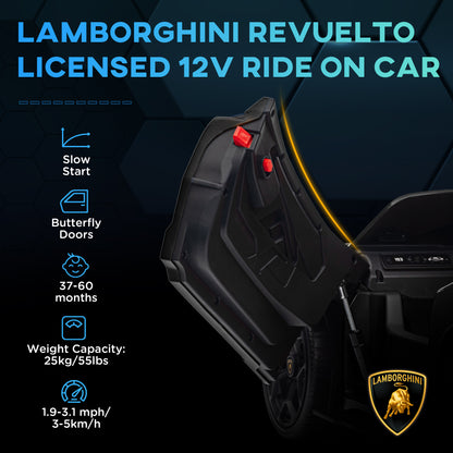 Lamborghini Revuelto Licensed 12V Ride on Car w/ Butterfly Doors Training Wheels, Suspension, Remote Control Black